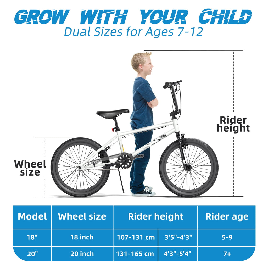 Korimefa 18 inch BMX Bikes, Kids Bicycles for Boys Ages 5-9, Child, Tween & Teen, Front Aluminum Alloy U-Brake, Rear R-Brake, Hand Brake Levers & Front and Rear Pegs, White