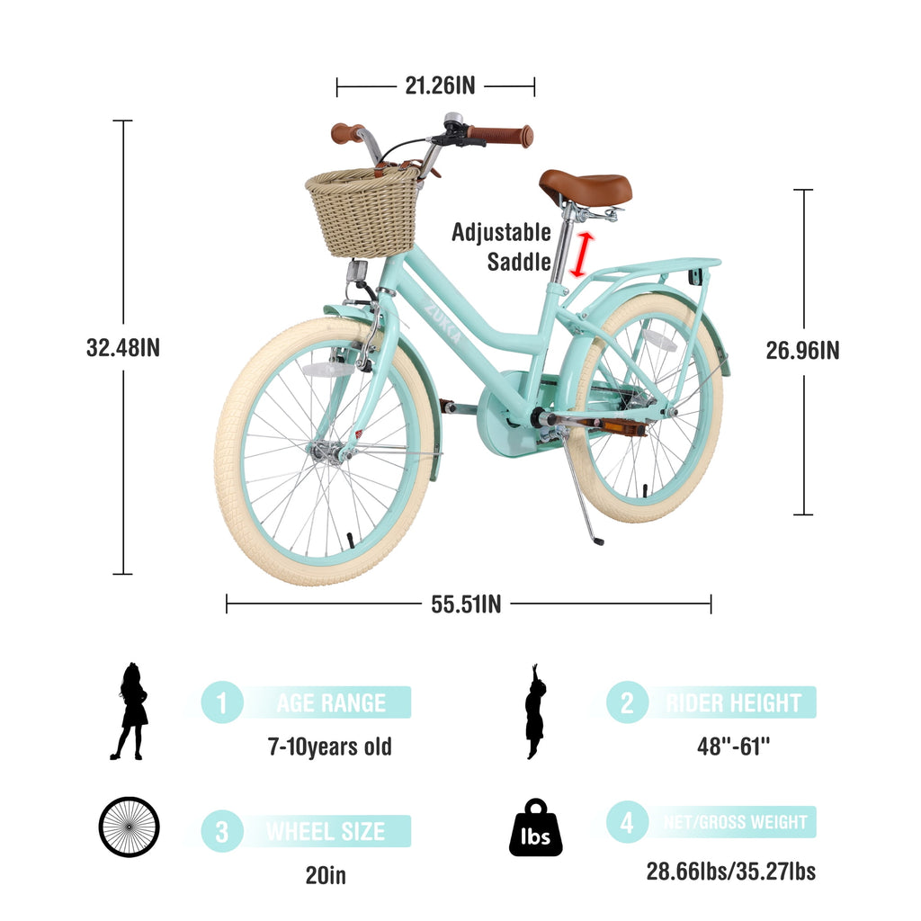 Aukfa 20 inch Girl's Bikes with Basket, Children's Bicycle for 7-10 Years Old Kids, Purple