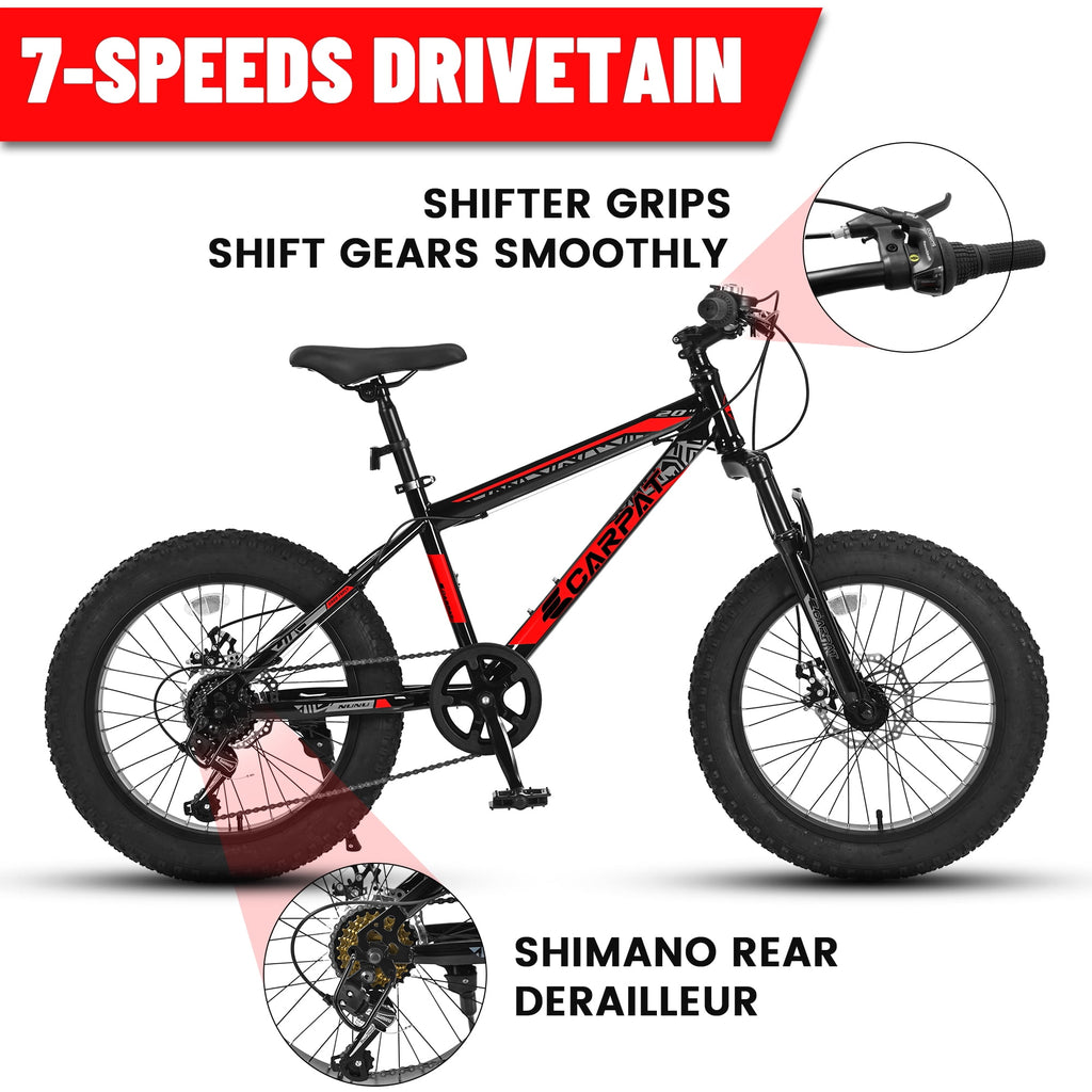 20 Inch Fat Tire Kids Mountain Bike, 7-Speed Mountain Bicycle with Dual Disc Brake and Front Suspension, High-Carbon Steel Frame Kids MTB for Boys Girls Ages 8-12 Year Old, Black-Green
