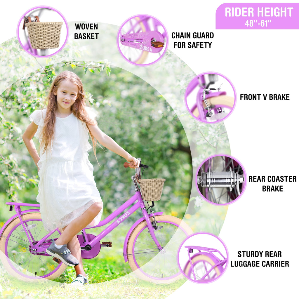 Aukfa 20 inch Girl's Bikes with Basket, Children's Bicycle for 7-10 Years Old Kids, Purple