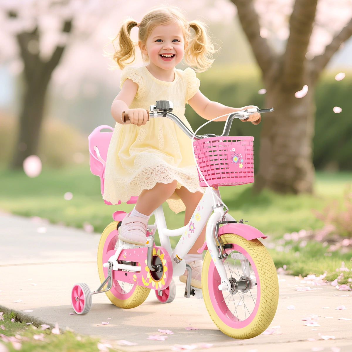 Korimefa Girls Bike for 3-9 Years Old Kids, 12 14 16 inch Kids Bike with Training Wheels, Basket and Doll Seat, Children Bicycles with Handbrake, Pink