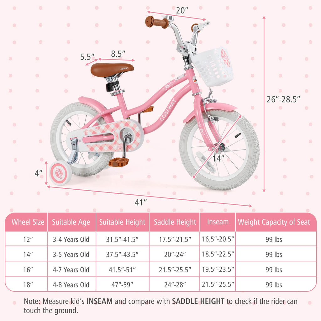 Costway 18'' Kids Bike Toddler Bicycle with Training Wheel Kickstand for 4-8 Years Old Pink