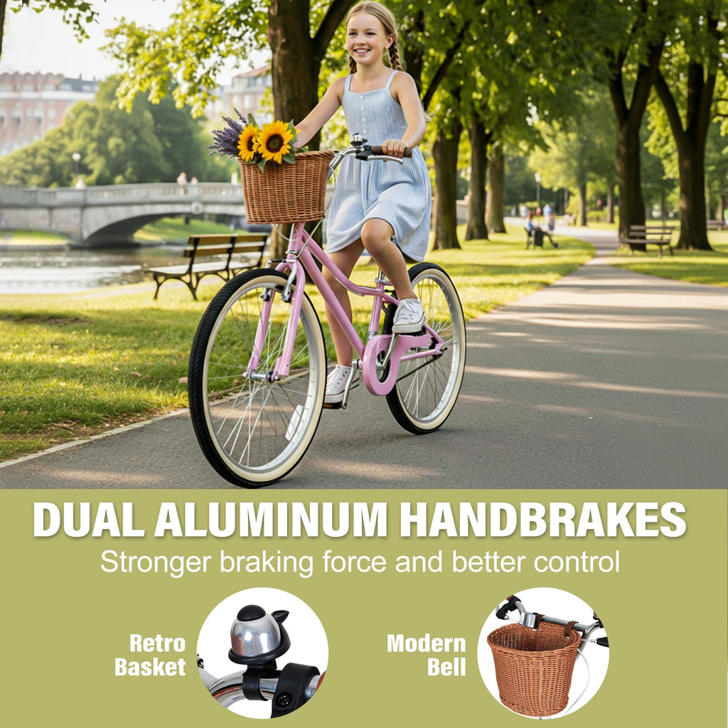 Hykolity Cruiser Bike for Teenage 24 Inch for 8-14 Years Old Girls Bicycle with Basket and Kickstand, Tween Retro Style Childrens Bike for Teen Girls, Pink