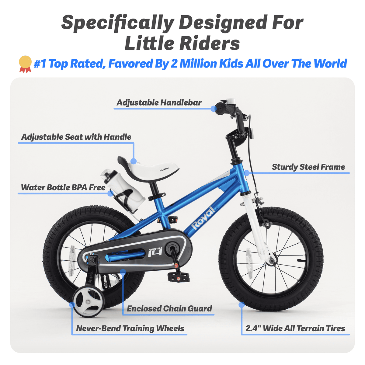 Royalbaby Boys Girls Kids Bike 14 In BMX Freestyle Blue 2 Hand Brakes Bicycles with Training Wheels Child Bicycle