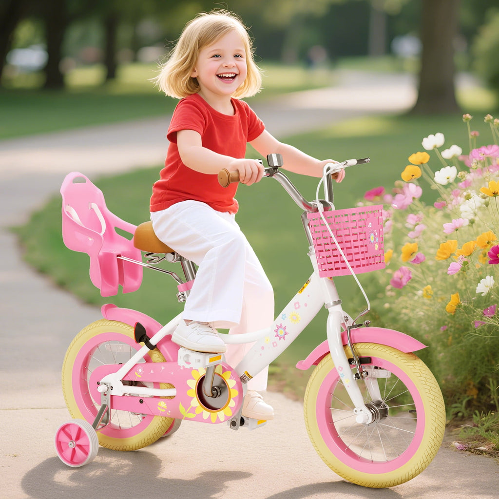 Korimefa Girls Bike for 3-9 Years Old Kids, 12 14 16 inch Kids Bike with Training Wheels, Basket and Doll Seat, Children Bicycles with Handbrake, Pink