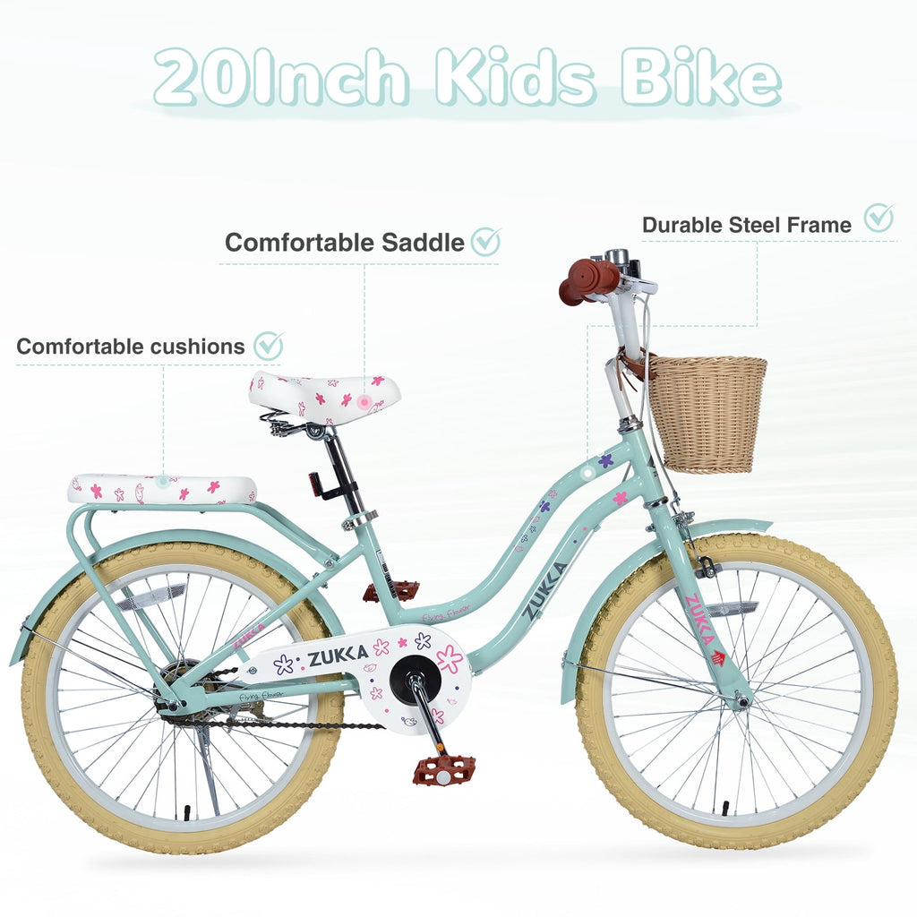 Aukfa 20" Girls Bike with Basket – Kids Bicycle for Ages 7-12, Front & Rear Brakes,Pink