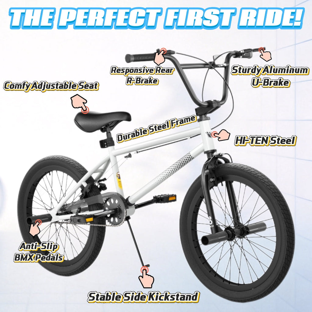 Korimefa 18 inch BMX Bikes, Kids Bicycles for Boys Ages 5-9, Child, Tween & Teen, Front Aluminum Alloy U-Brake, Rear R-Brake, Hand Brake Levers & Front and Rear Pegs, White