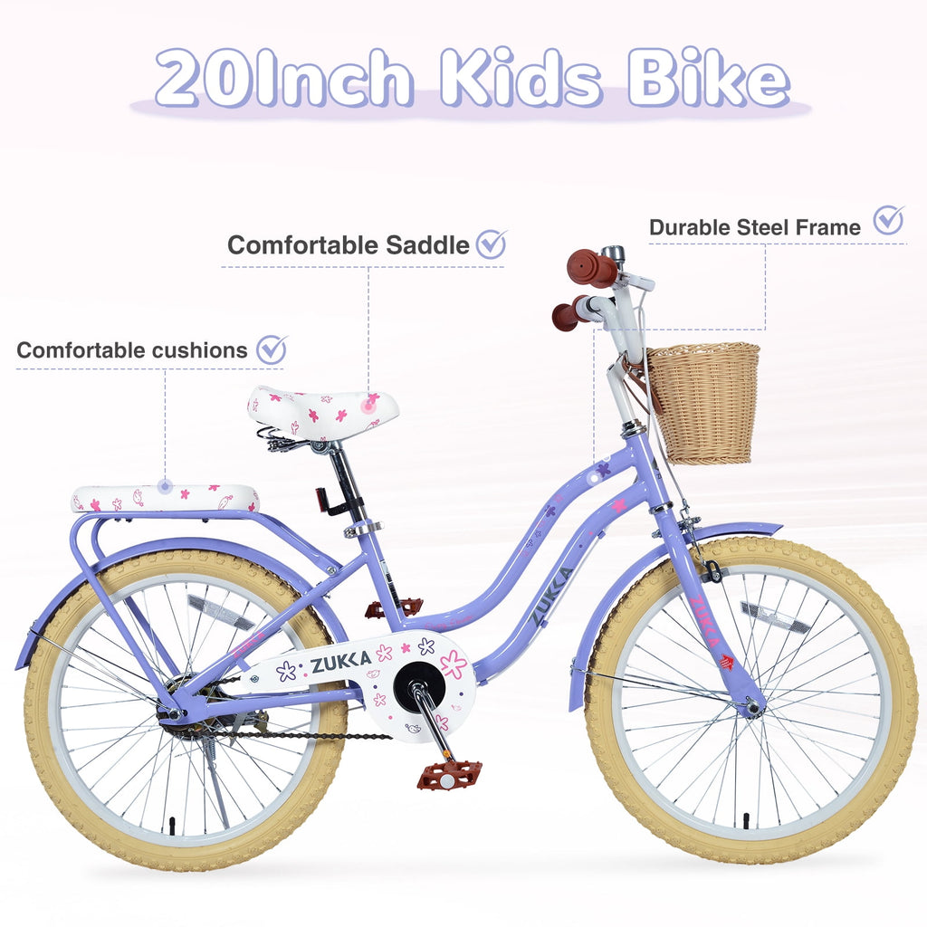 Aukfa 20" Girls Bike with Basket – Kids Bicycle for Ages 7-12, Front & Rear Brakes,Pink