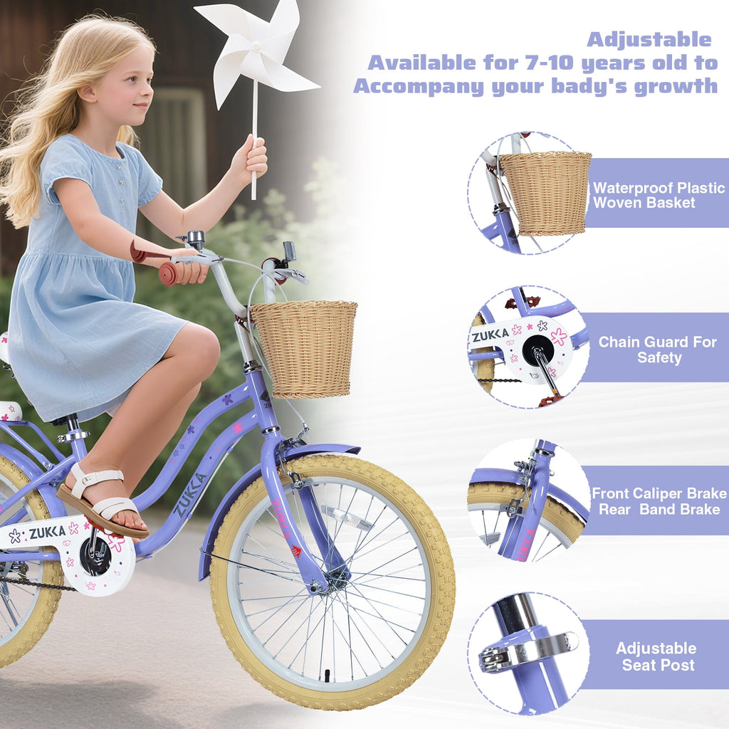 Aukfa 20" Girls Bike with Basket – Kids Bicycle for Ages 7-12, Front & Rear Brakes,Pink