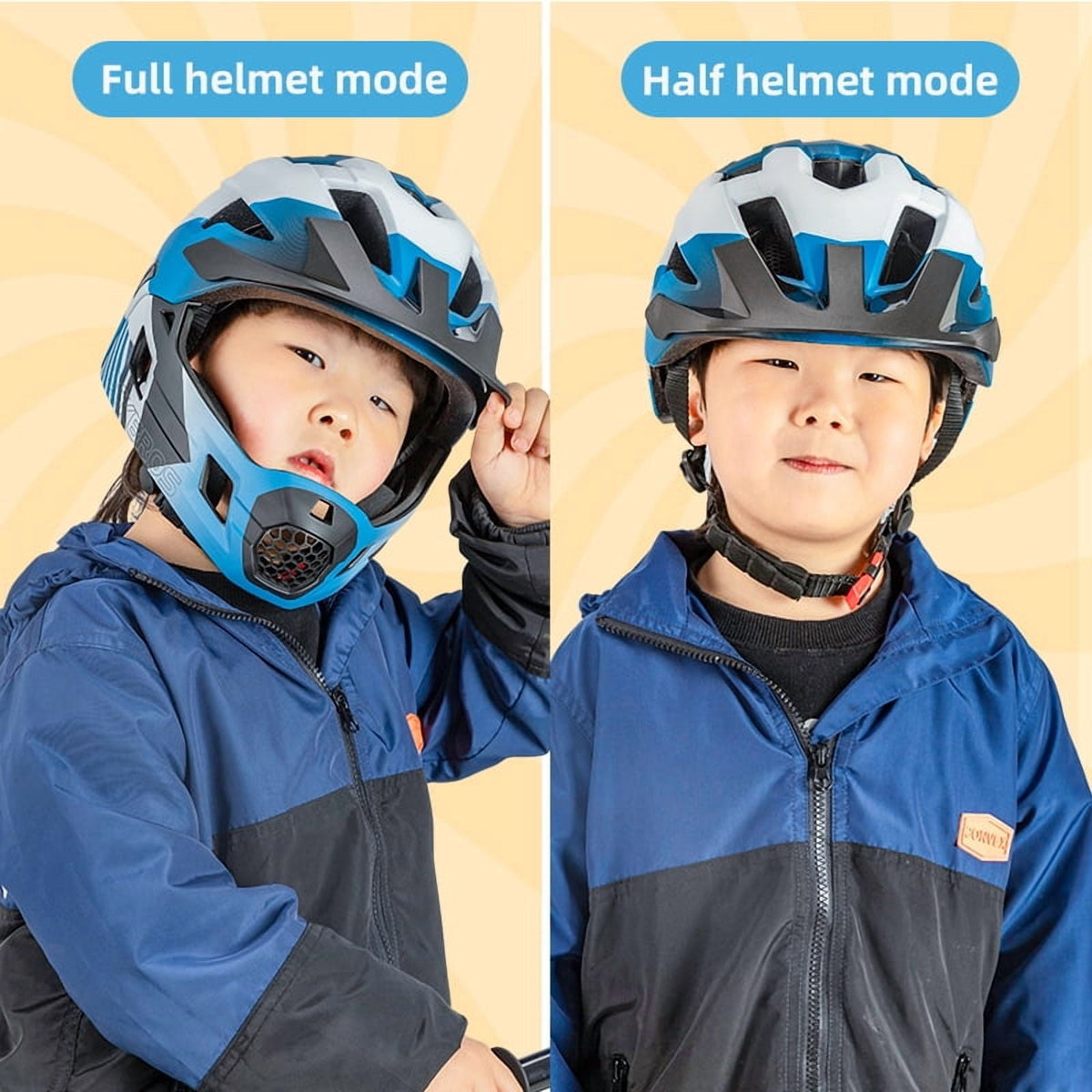 ROCKBROS Bicycle Helmet Kids Helmet Full Face Safety Helmet Removable Helmet Chin All-Round Ventilation Holes with Adjustable Brim for Kids Age 5-12